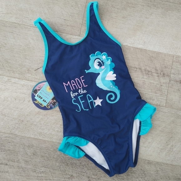 NWT Girls Toddler Seahorse UPF 50+ One Piece Swimsuit - Picture 1 of 5